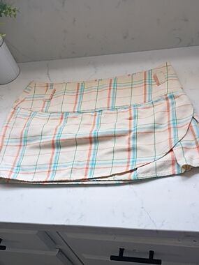 Split Jolt Cream Plaid Skirt with Blue, Peach & Green Stripes